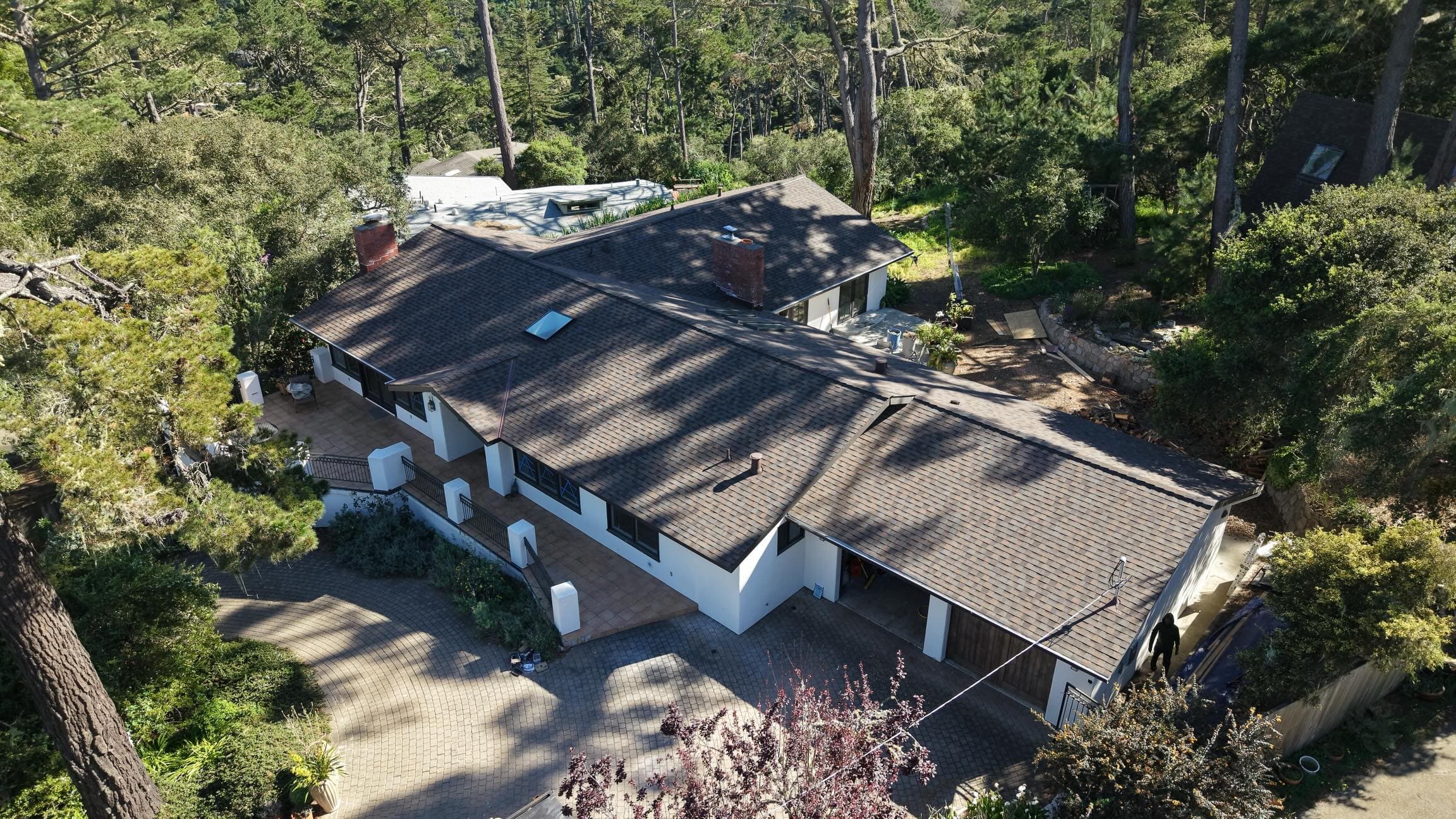 Completed shingle roof replacement on a Bay Area home, aerial view